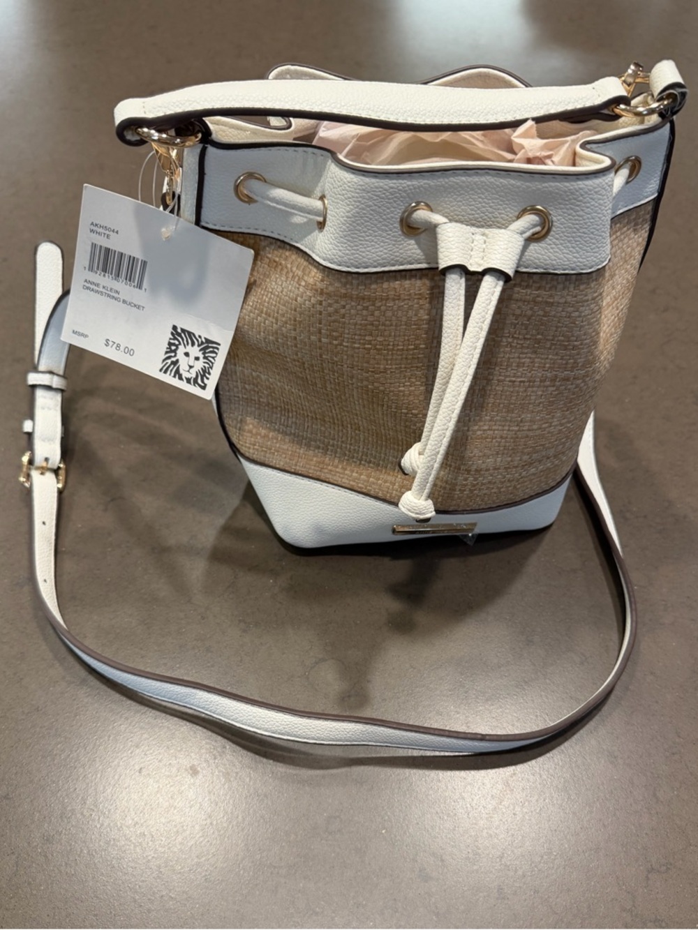 NWT Anne Klein Drawstring Woven Straw Bucket Bag with White Trim